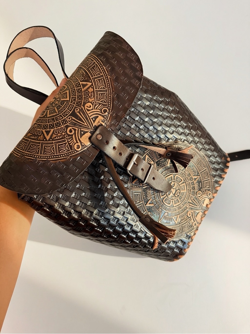 Aztec Hand-Tooled Woven Leather Backpack - Brown